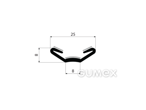 Profil gumový tvaru "U" so sametkou, 8x25/8mm, dĺžka 2300mm, 70°ShA, EPDM, -40°C/+100°C, čierny